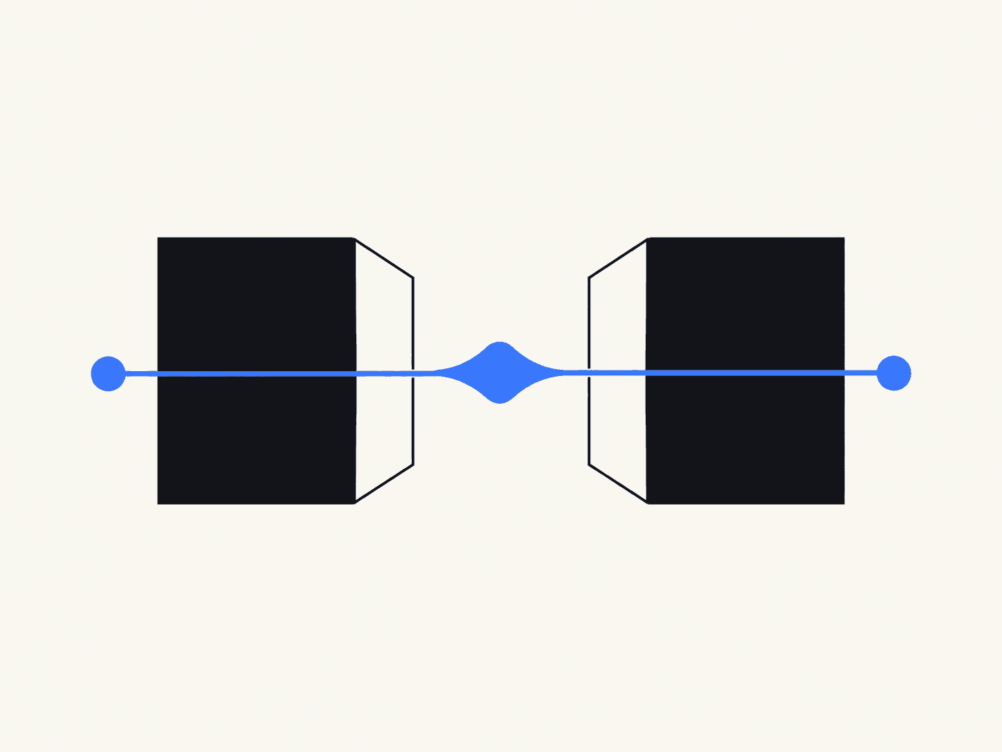 The Opening Two rigid black geometric forms opened by an interrupting blue line.