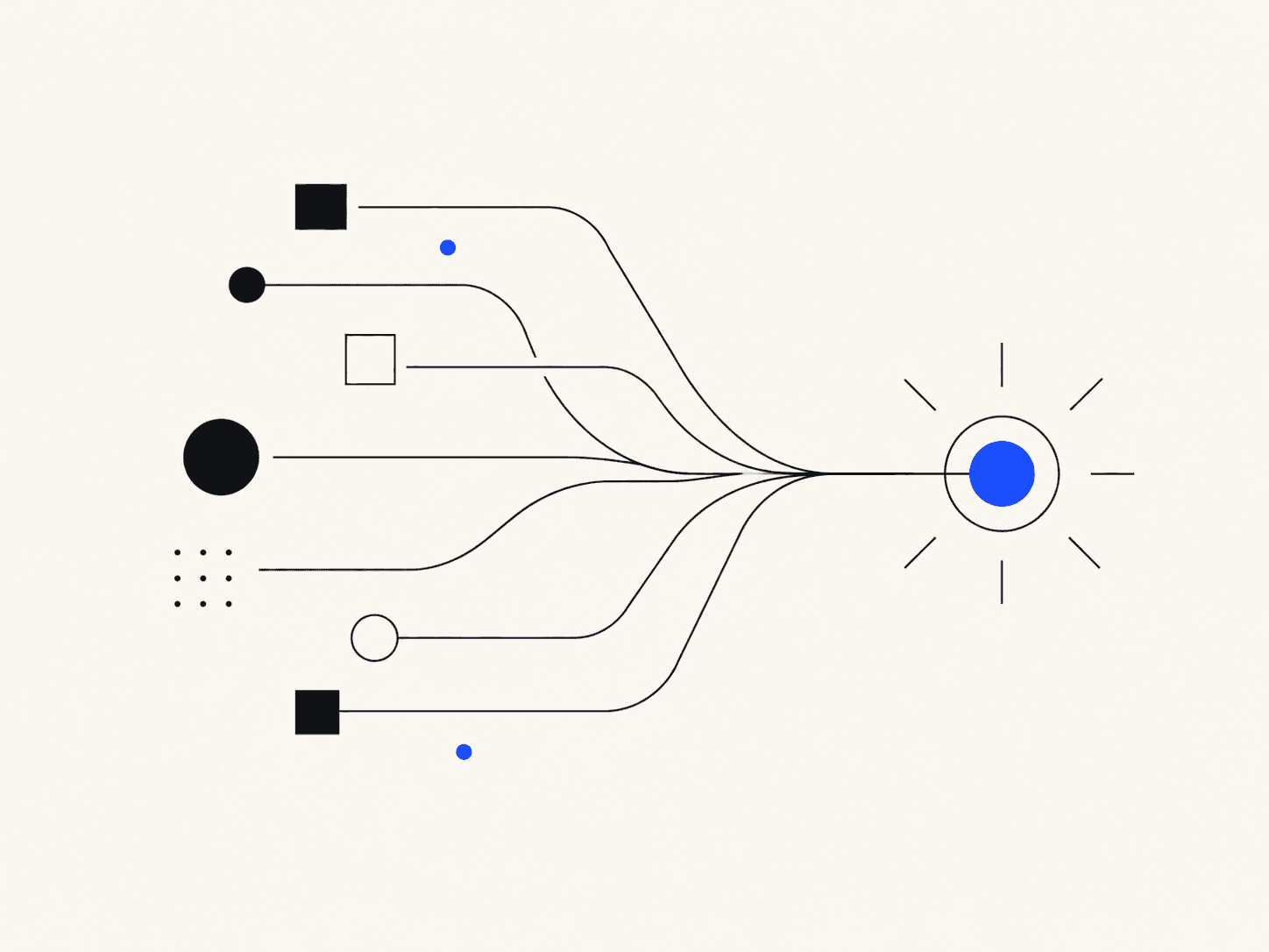The Focus Scattered black elements converge around one distinctive blue action point.
